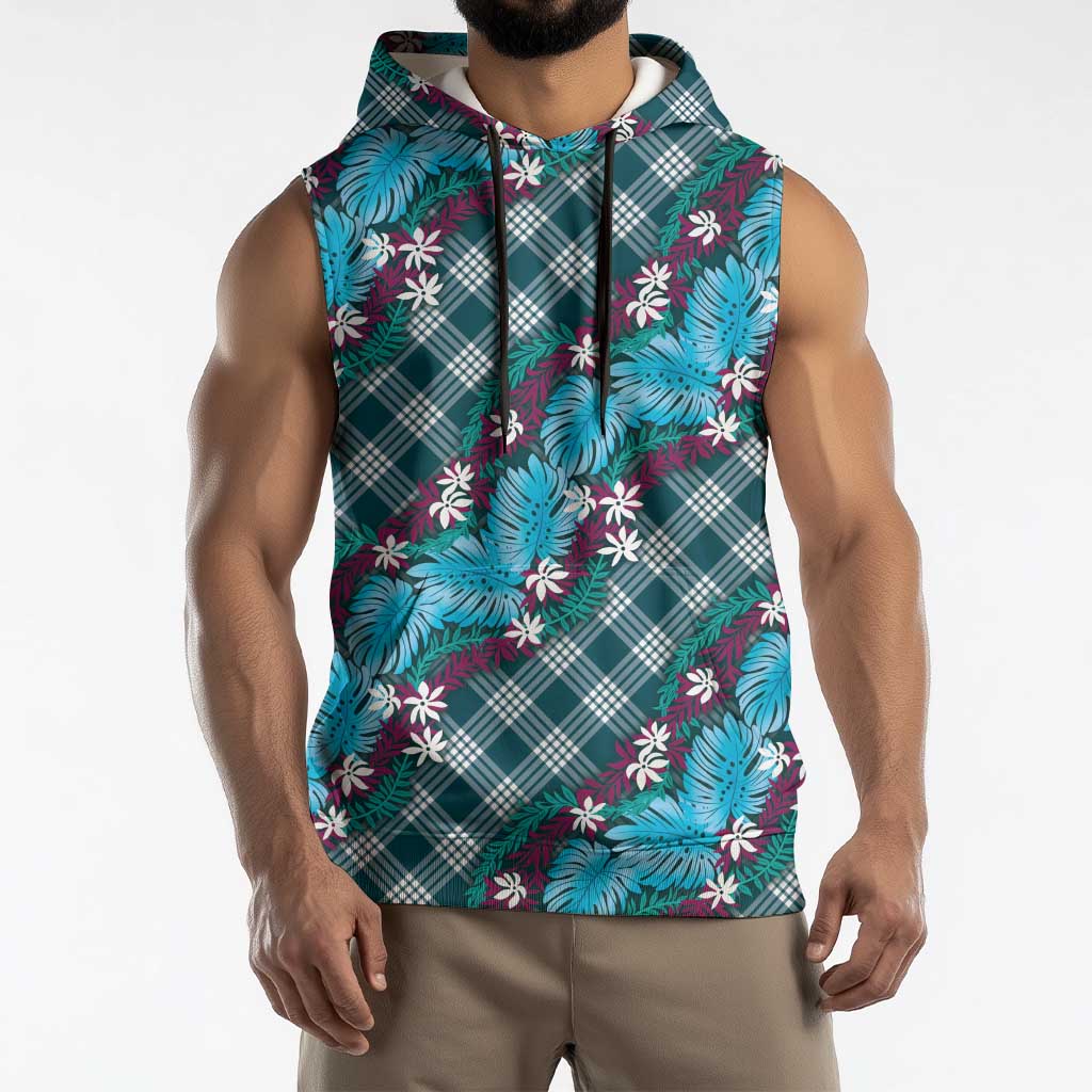 Polynesian Monstera Tiare Floral Sleeveless Hoodie Dark Teal Tropical Plaid - Polynesian Pride