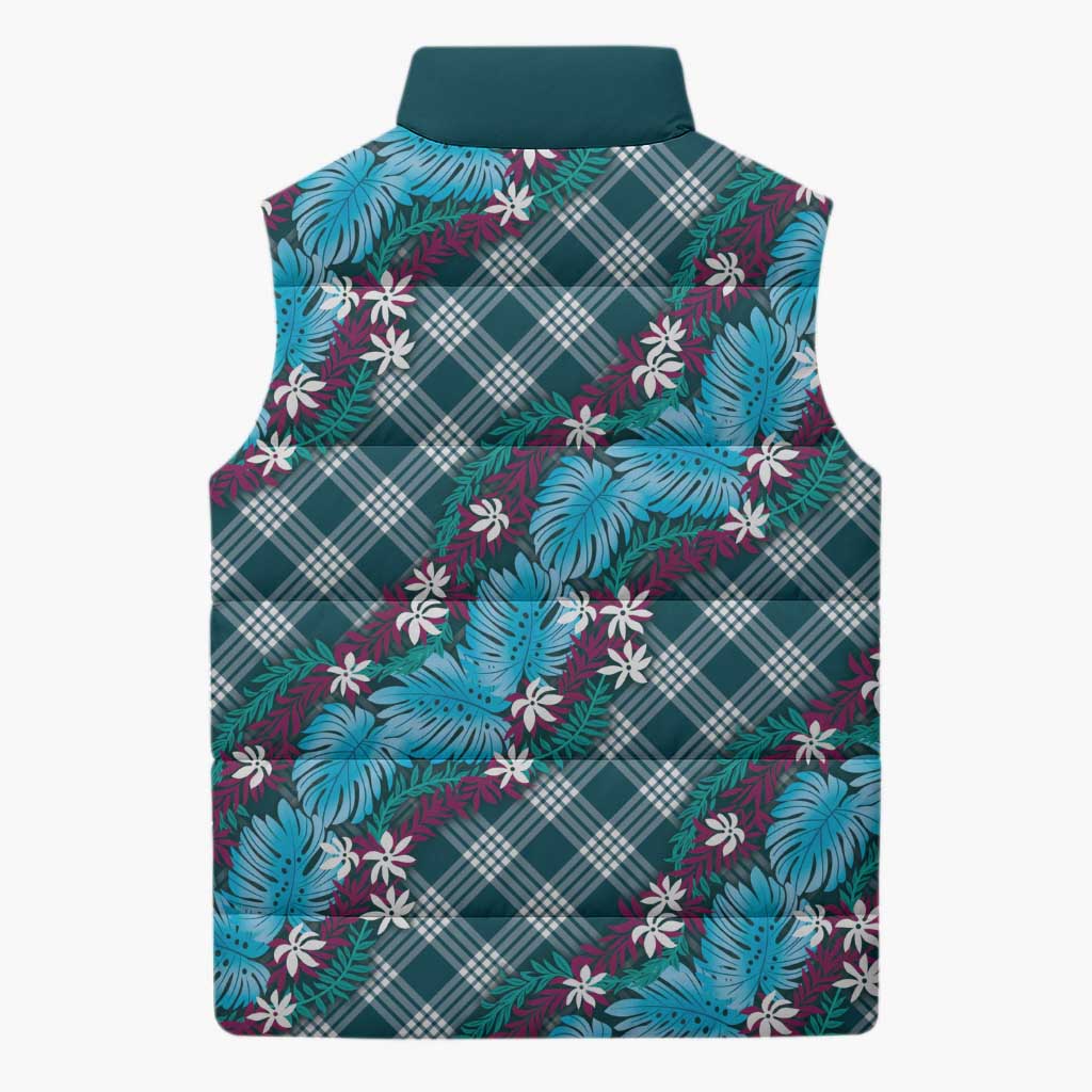 Polynesian Monstera Tiare Floral Sleeveless Puffer Jacket Dark Teal Tropical Plaid - Polynesian Pride