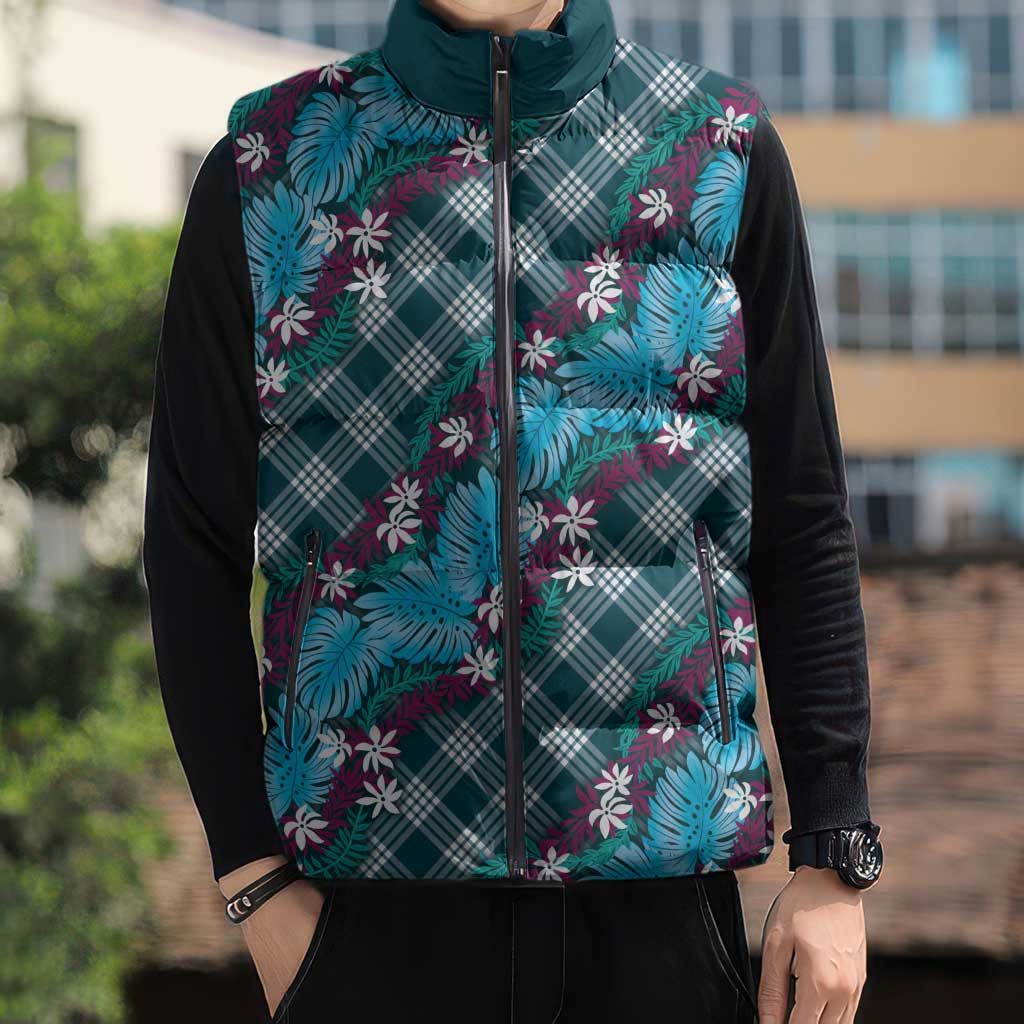 Polynesian Monstera Tiare Floral Sleeveless Puffer Jacket Dark Teal Tropical Plaid - Polynesian Pride