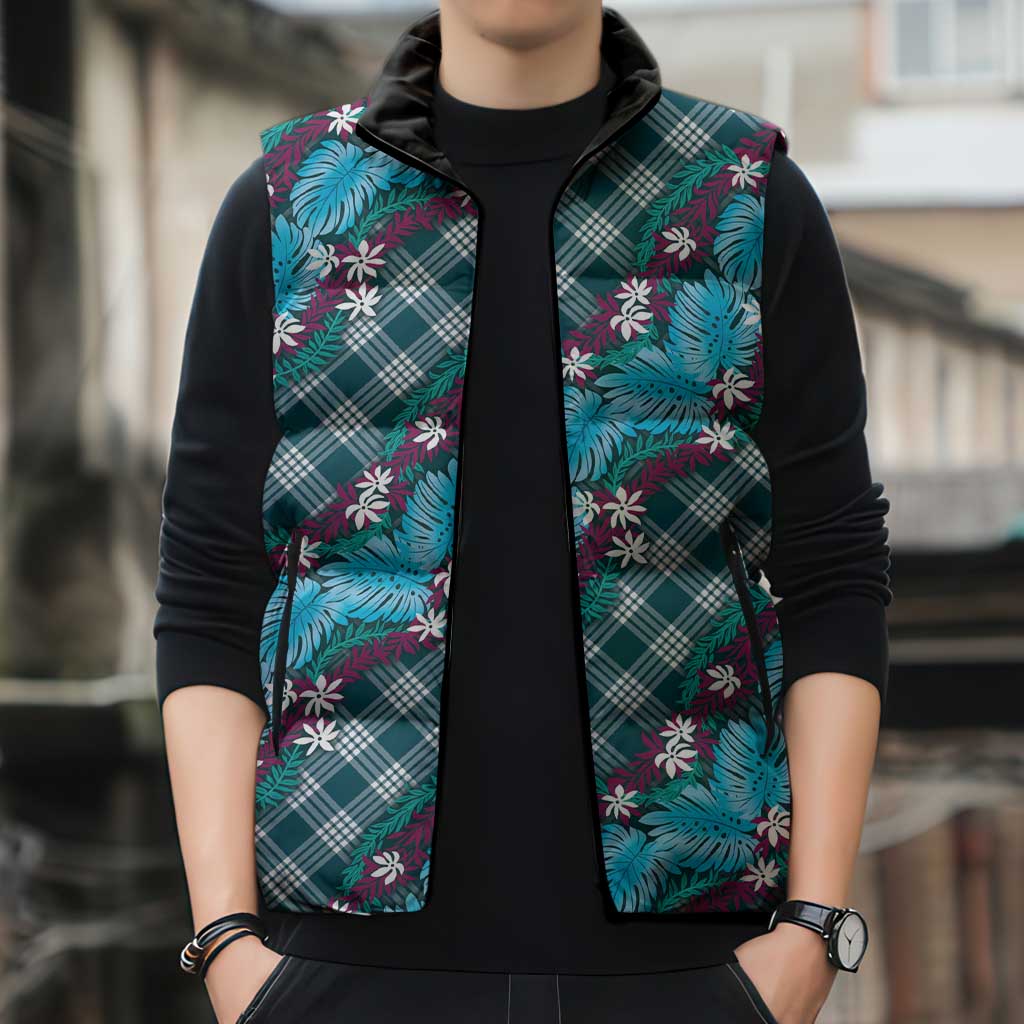 Polynesian Monstera Tiare Floral Sleeveless Puffer Jacket Dark Teal Tropical Plaid - Polynesian Pride