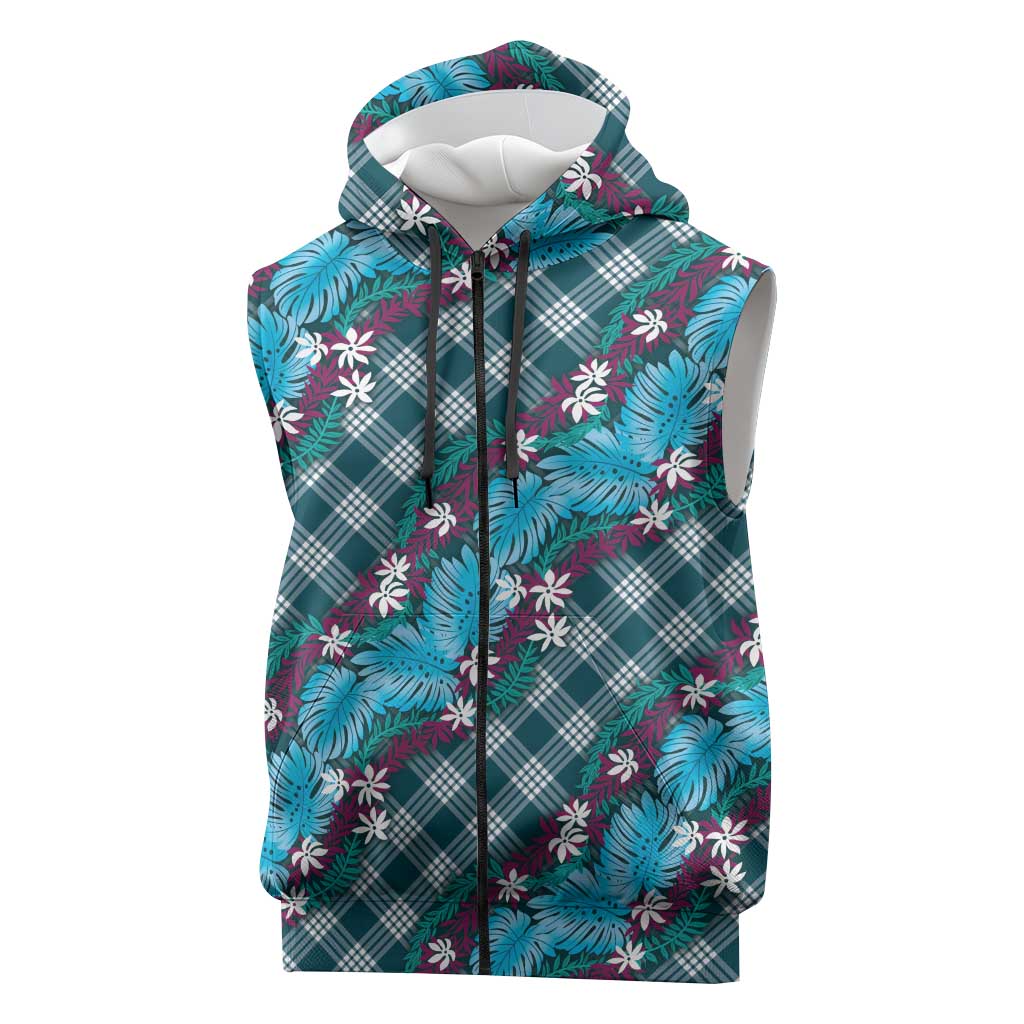 Polynesian Monstera Tiare Floral Sleeveless Zip Hoodie Dark Teal Tropical Plaid - Polynesian Pride
