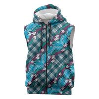 Polynesian Monstera Tiare Floral Sleeveless Zip Hoodie Dark Teal Tropical Plaid - Polynesian Pride