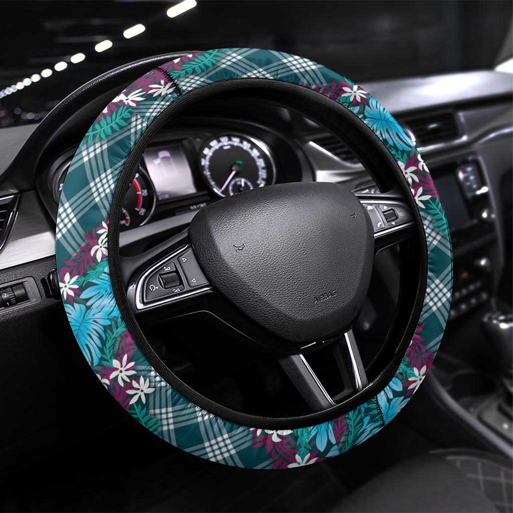Polynesian Monstera Tiare Floral Steering Wheel Cover Dark Teal Tropical Plaid - Polynesian Pride