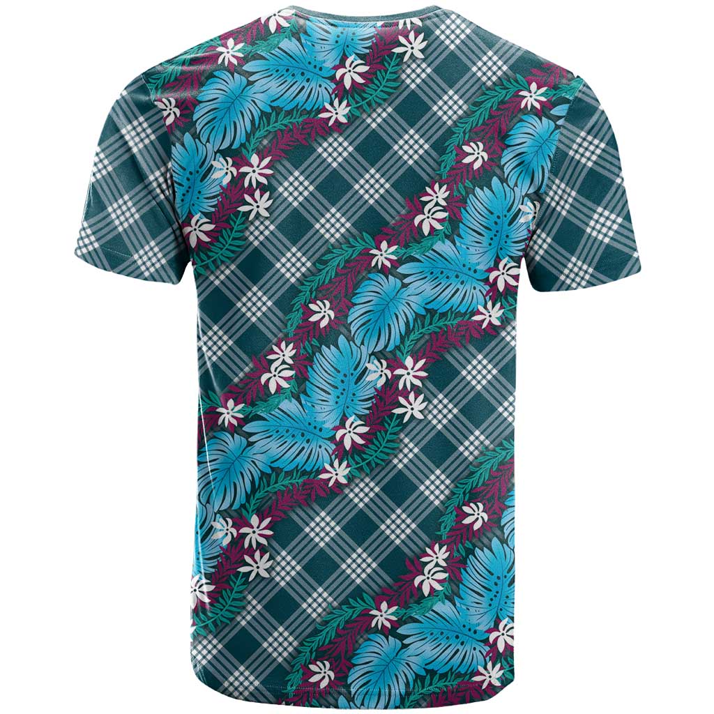 Polynesian Monstera Tiare Floral T Shirt Dark Teal Tropical Plaid - Polynesian Pride