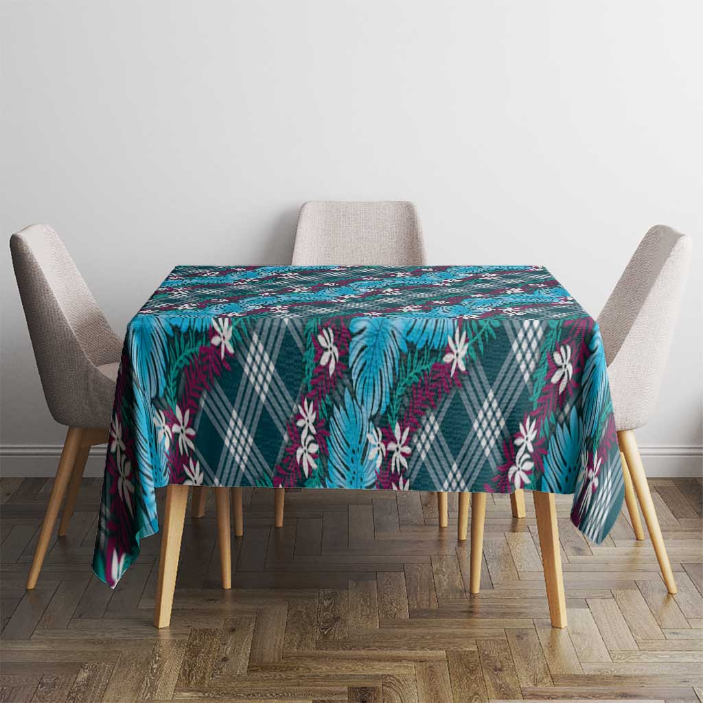 Polynesian Monstera Tiare Floral Tablecloth Dark Teal Tropical Plaid - Polynesian Pride