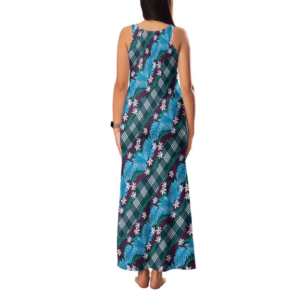 Polynesian Monstera Tiare Floral Tank Maxi Dress Dark Teal Tropical Plaid - Polynesian Pride