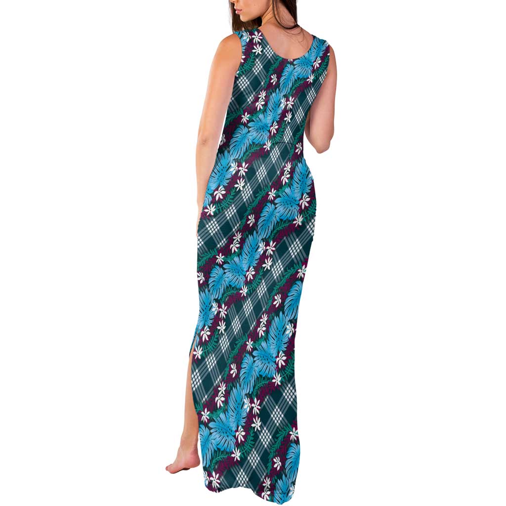 Polynesian Monstera Tiare Floral Tank Maxi Dress Dark Teal Tropical Plaid - Polynesian Pride