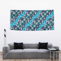 Polynesian Monstera Tiare Floral Tapestry Dark Teal Tropical Plaid - Polynesian Pride