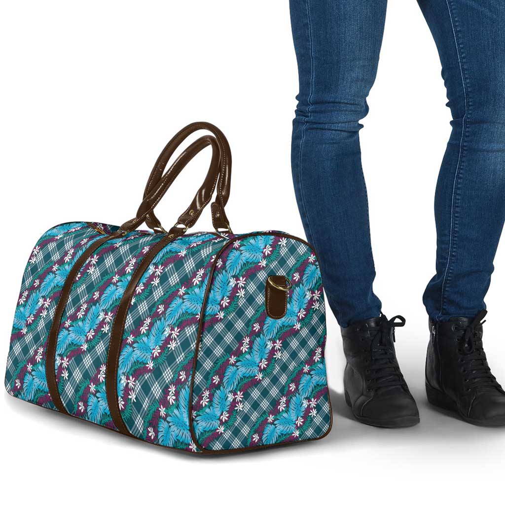 Polynesian Monstera Tiare Floral Travel Bag Dark Teal Tropical Plaid - Polynesian Pride