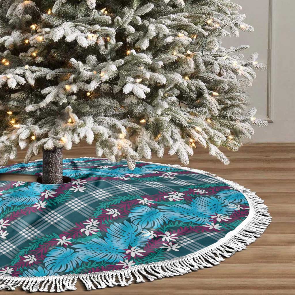 Polynesian Monstera Tiare Floral Tree Skirt Dark Teal Tropical Plaid - Polynesian Pride