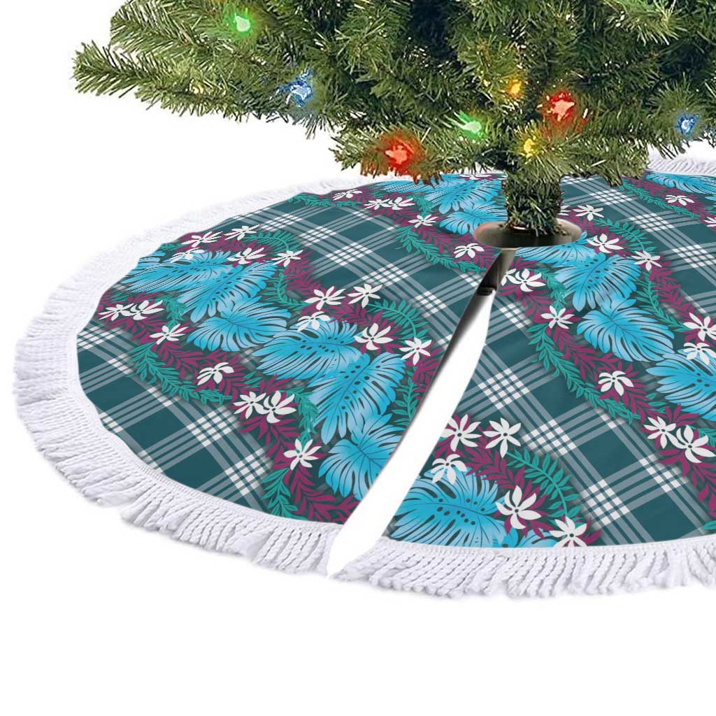 Polynesian Monstera Tiare Floral Tree Skirt Dark Teal Tropical Plaid - Polynesian Pride
