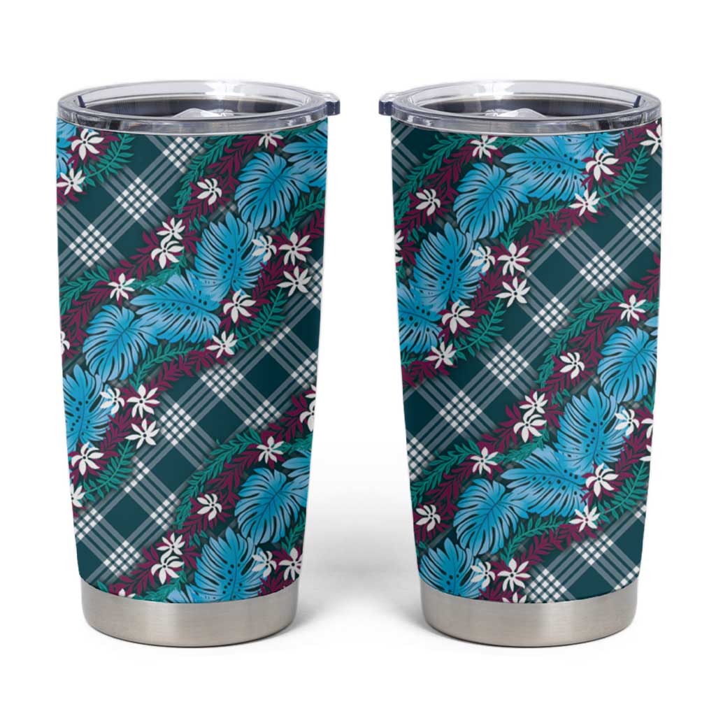 Polynesian Monstera Tiare Floral Tumbler Cup Dark Teal Tropical Plaid - Polynesian Pride
