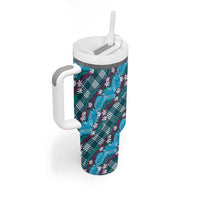 Polynesian Monstera Tiare Floral Tumbler With Handle Dark Teal Tropical Plaid - Polynesian Pride