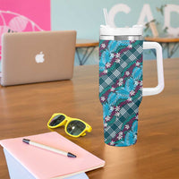 Polynesian Monstera Tiare Floral Tumbler With Handle Dark Teal Tropical Plaid - Polynesian Pride