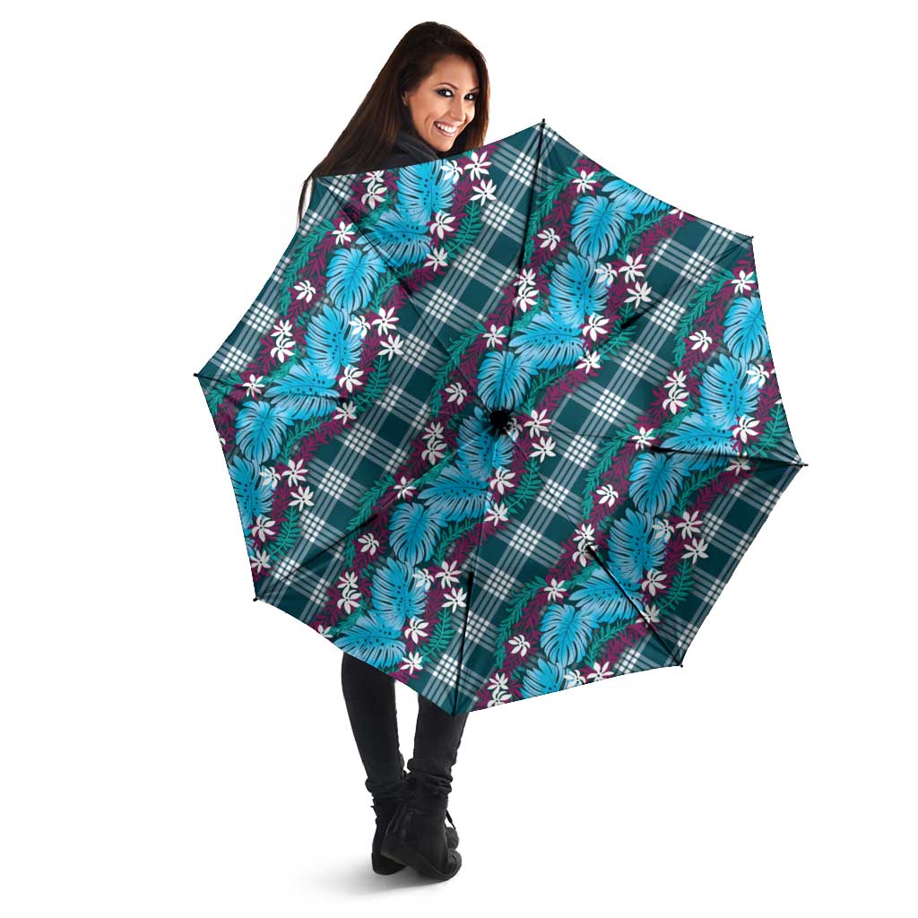 Polynesian Monstera Tiare Floral Umbrella Dark Teal Tropical Plaid - Polynesian Pride