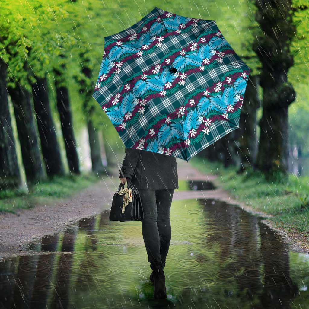 Polynesian Monstera Tiare Floral Umbrella Dark Teal Tropical Plaid - Polynesian Pride