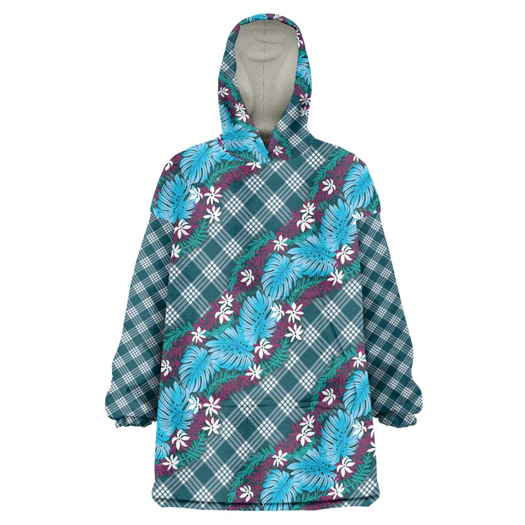 Polynesian Monstera Tiare Floral Wearable Blanket Hoodie Dark Teal Tropical Plaid - Polynesian Pride