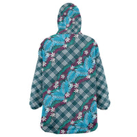 Polynesian Monstera Tiare Floral Wearable Blanket Hoodie Dark Teal Tropical Plaid - Polynesian Pride
