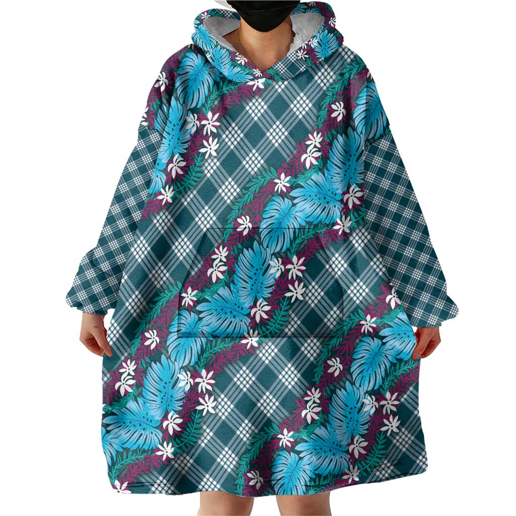 Polynesian Monstera Tiare Floral Wearable Blanket Hoodie Dark Teal Tropical Plaid - Polynesian Pride