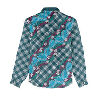 Polynesian Monstera Tiare Floral Women Casual Shirt Dark Teal Tropical Plaid - Polynesian Pride