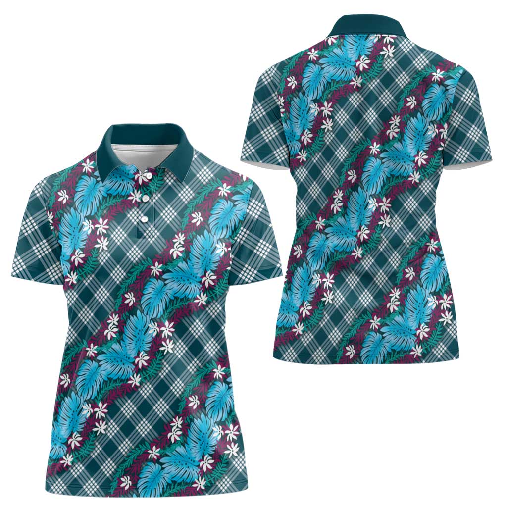 Polynesian Monstera Tiare Floral Women Polo Shirt Dark Teal Tropical Plaid - Polynesian Pride