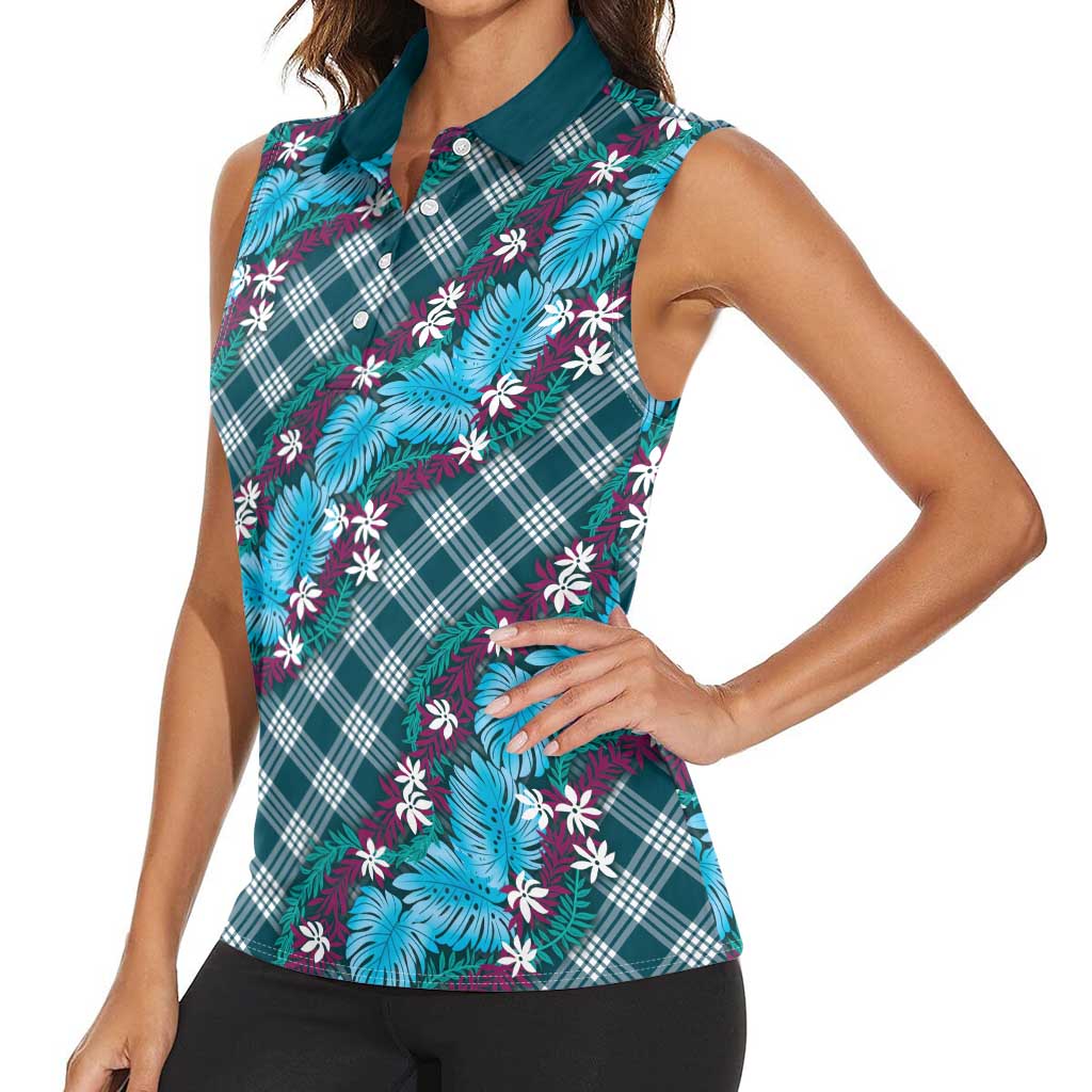 Polynesian Monstera Tiare Floral Women Sleeveless Polo Shirt Dark Teal Tropical Plaid - Polynesian Pride