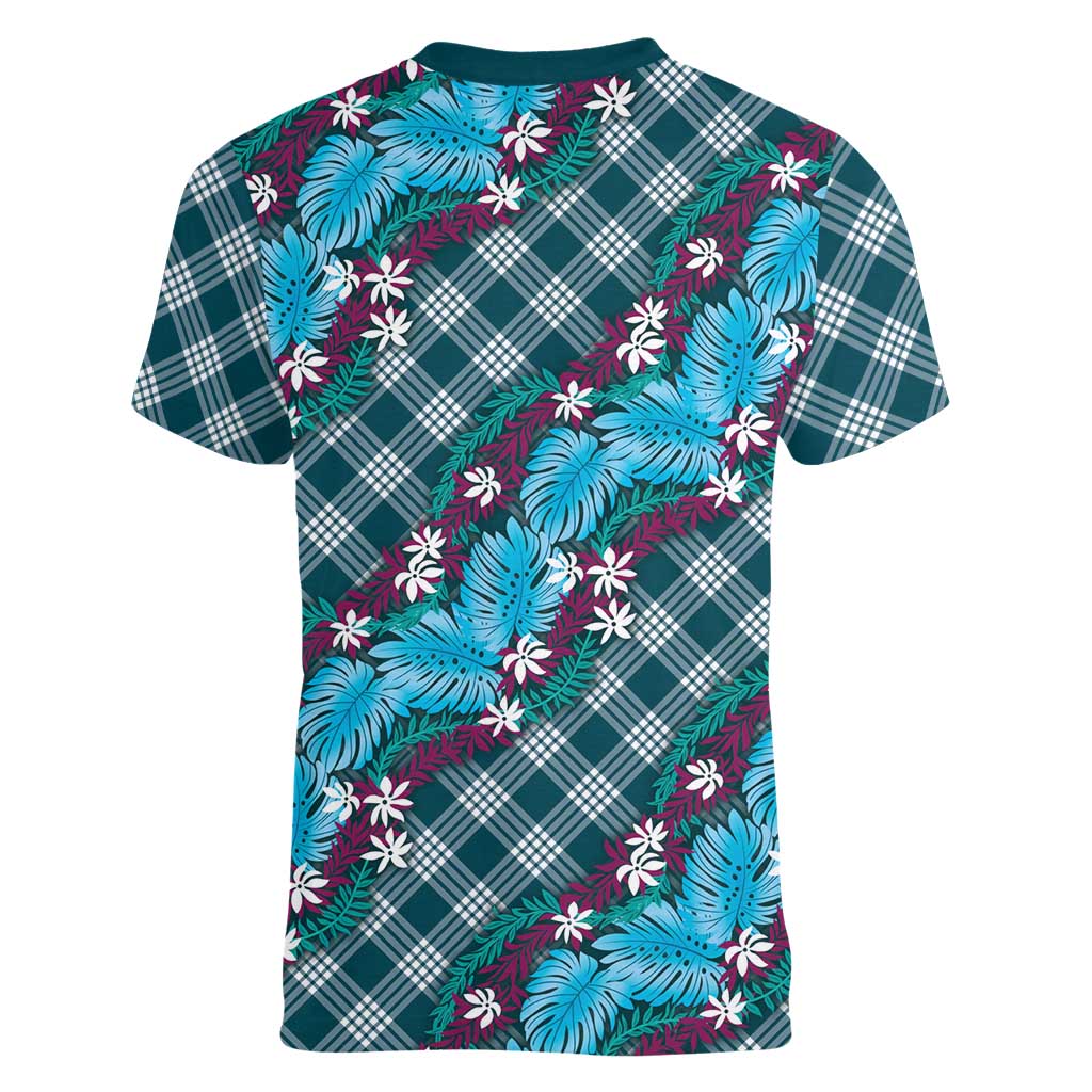 Polynesian Monstera Tiare Floral Women V-Neck T-Shirt Dark Teal Tropical Plaid - Polynesian Pride