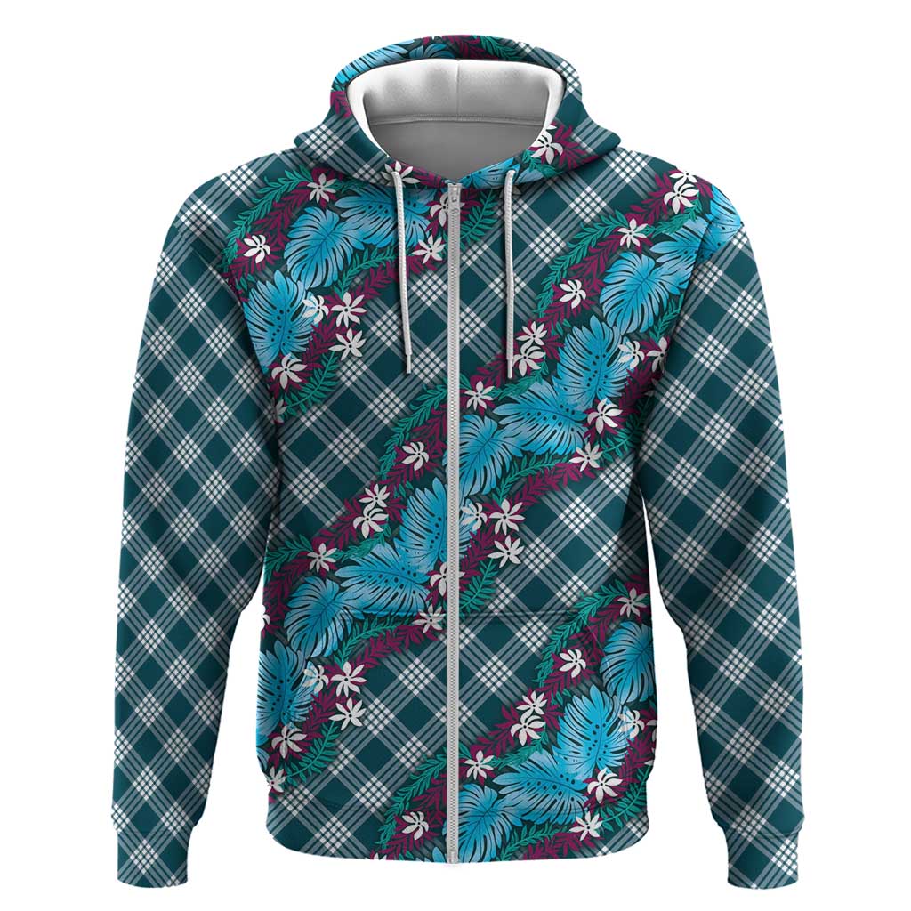 Polynesian Monstera Tiare Floral Zip Hoodie Dark Teal Tropical Plaid - Polynesian Pride