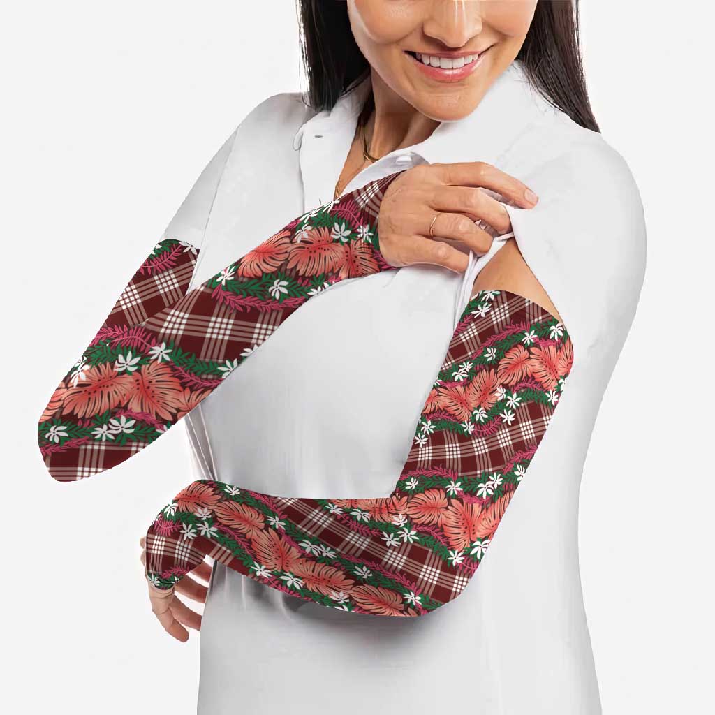 Polynesian Monstera Tiare Floral Arm Sleeves Burgundy Tropical Plaid - Polynesian Pride
