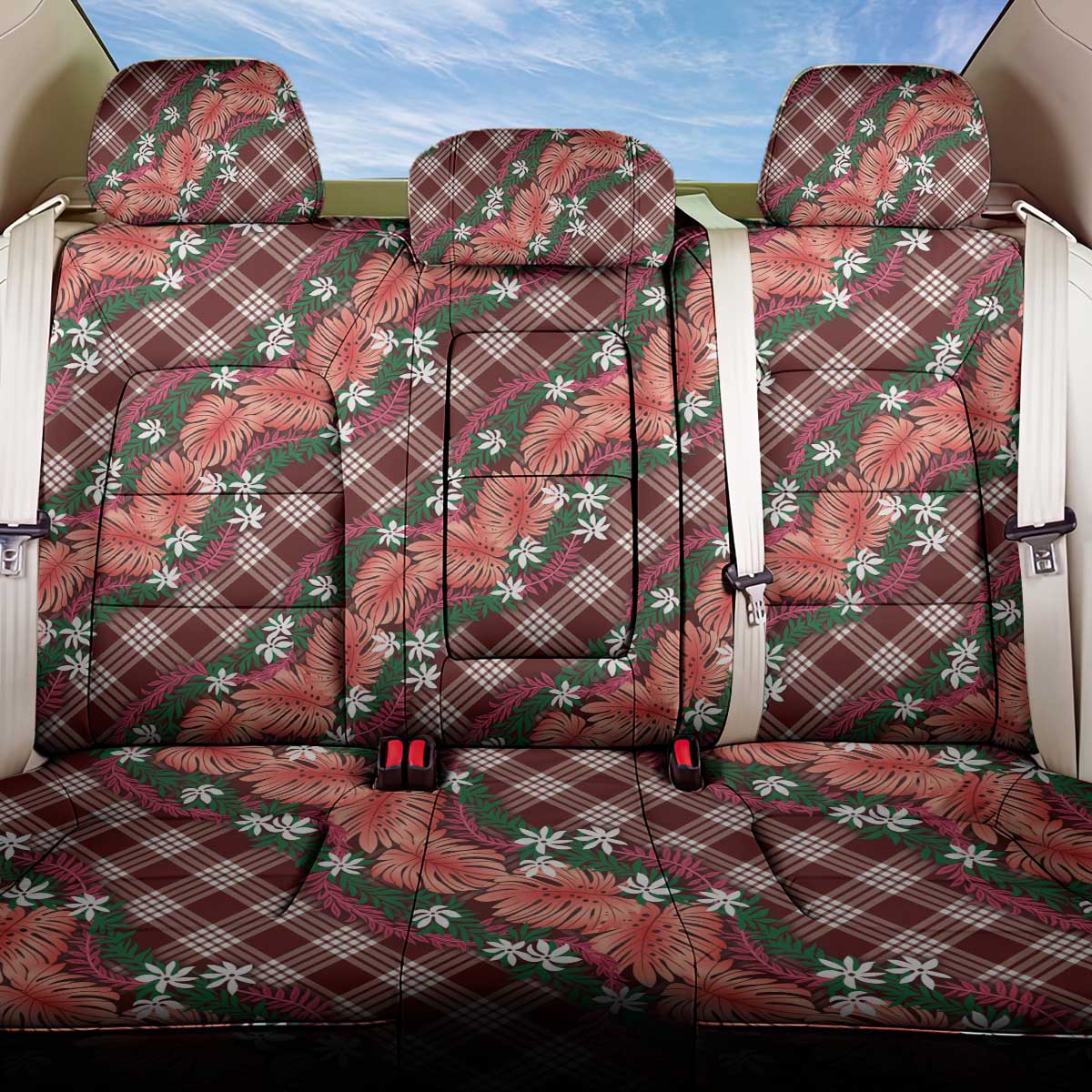 Polynesian Monstera Tiare Floral Back Car Seat Cover Burgundy Tropical Plaid - Polynesian Pride