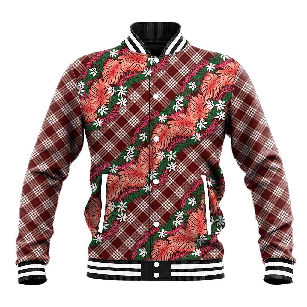Polynesian Monstera Tiare Floral Baseball Jacket Burgundy Tropical Plaid - Polynesian Pride