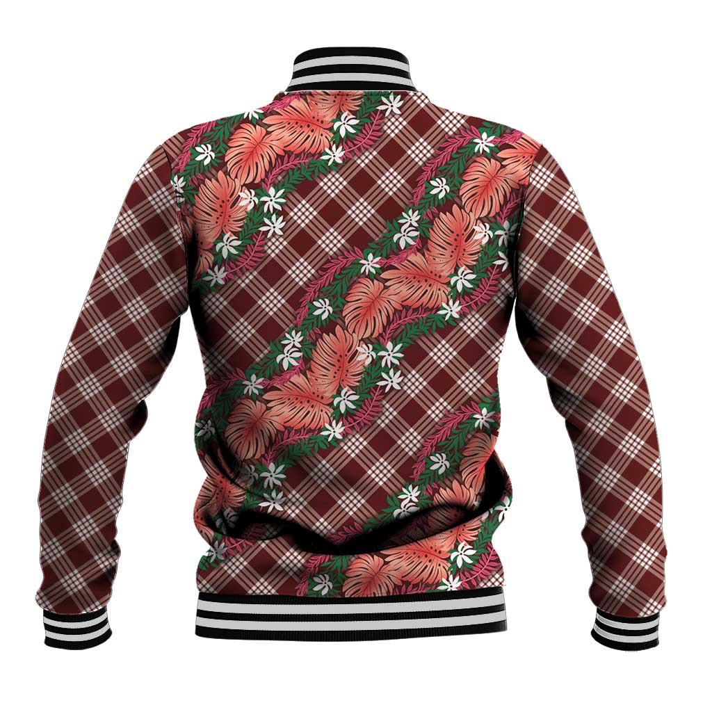 Polynesian Monstera Tiare Floral Baseball Jacket Burgundy Tropical Plaid - Polynesian Pride