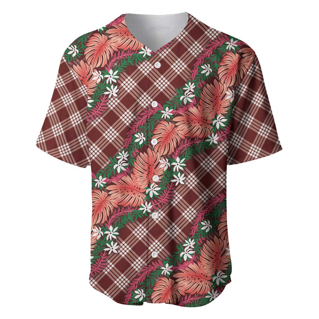 Polynesian Monstera Tiare Floral Baseball Jersey Burgundy Tropical Plaid - Polynesian Pride