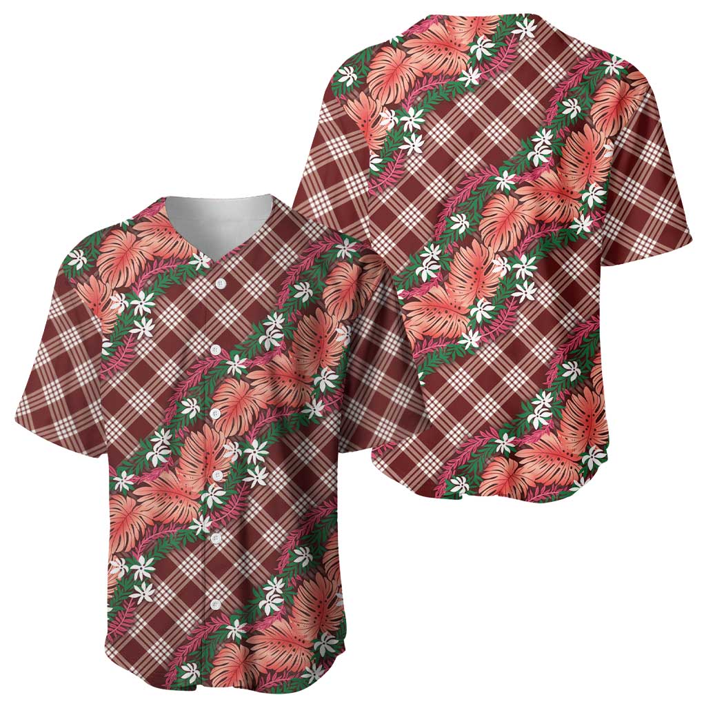 Polynesian Monstera Tiare Floral Baseball Jersey Burgundy Tropical Plaid - Polynesian Pride