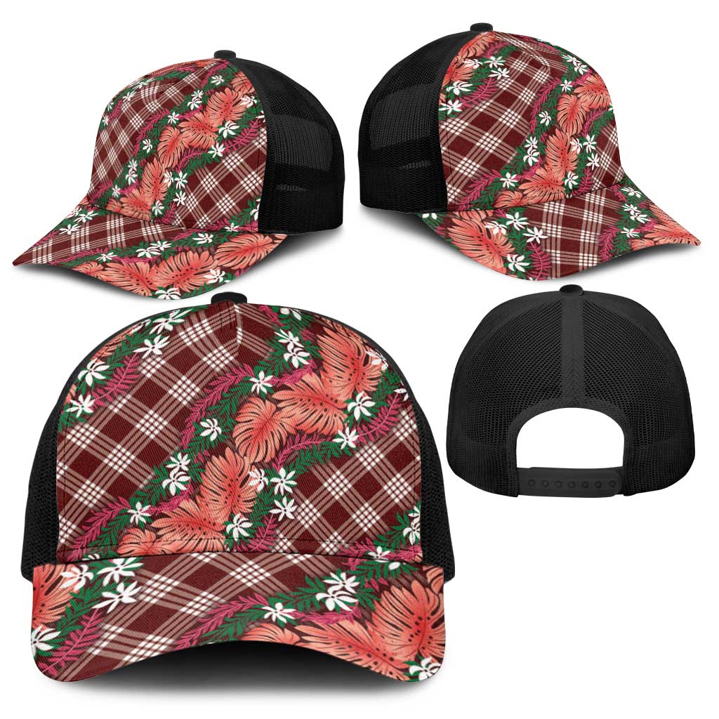 Polynesian Monstera Tiare Floral Baseball Net Cap Burgundy Tropical Plaid - Polynesian Pride