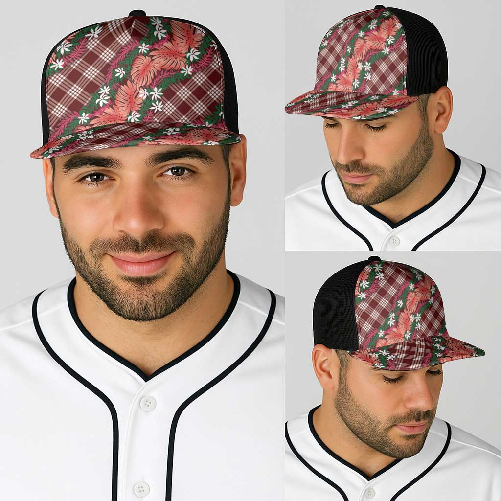 Polynesian Monstera Tiare Floral Baseball Net Cap Burgundy Tropical Plaid - Polynesian Pride
