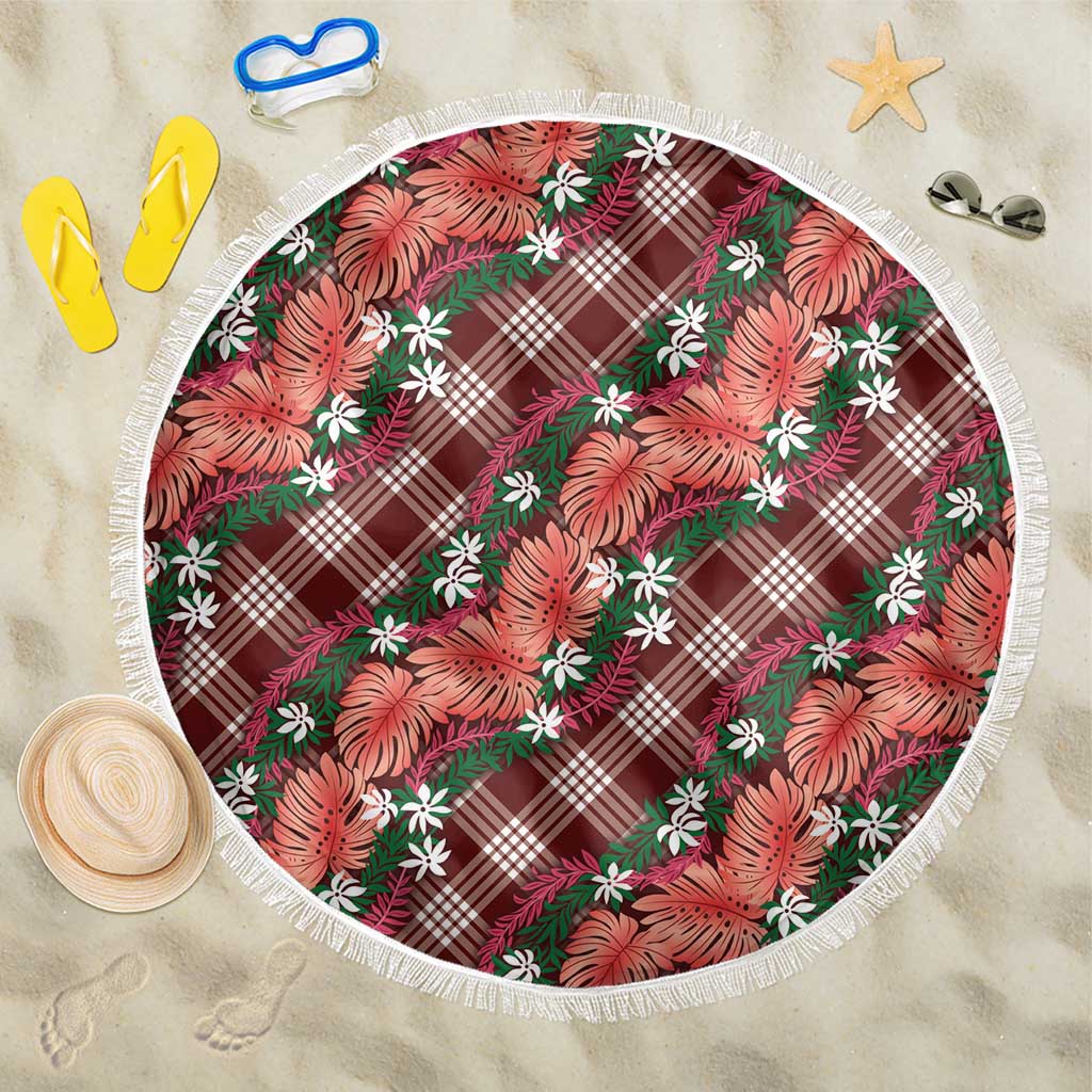 Polynesian Monstera Tiare Floral Beach Blanket Burgundy Tropical Plaid - Polynesian Pride