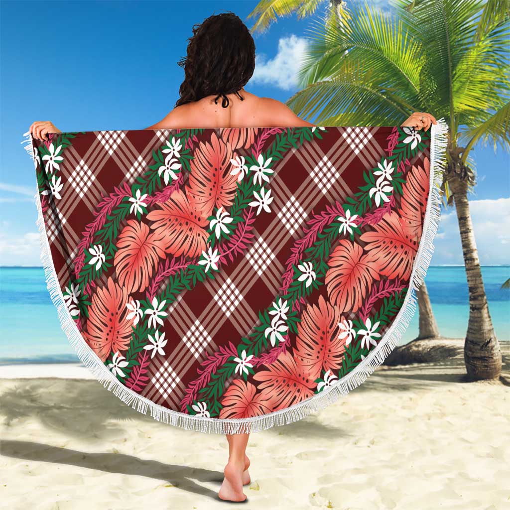 Polynesian Monstera Tiare Floral Beach Blanket Burgundy Tropical Plaid - Polynesian Pride