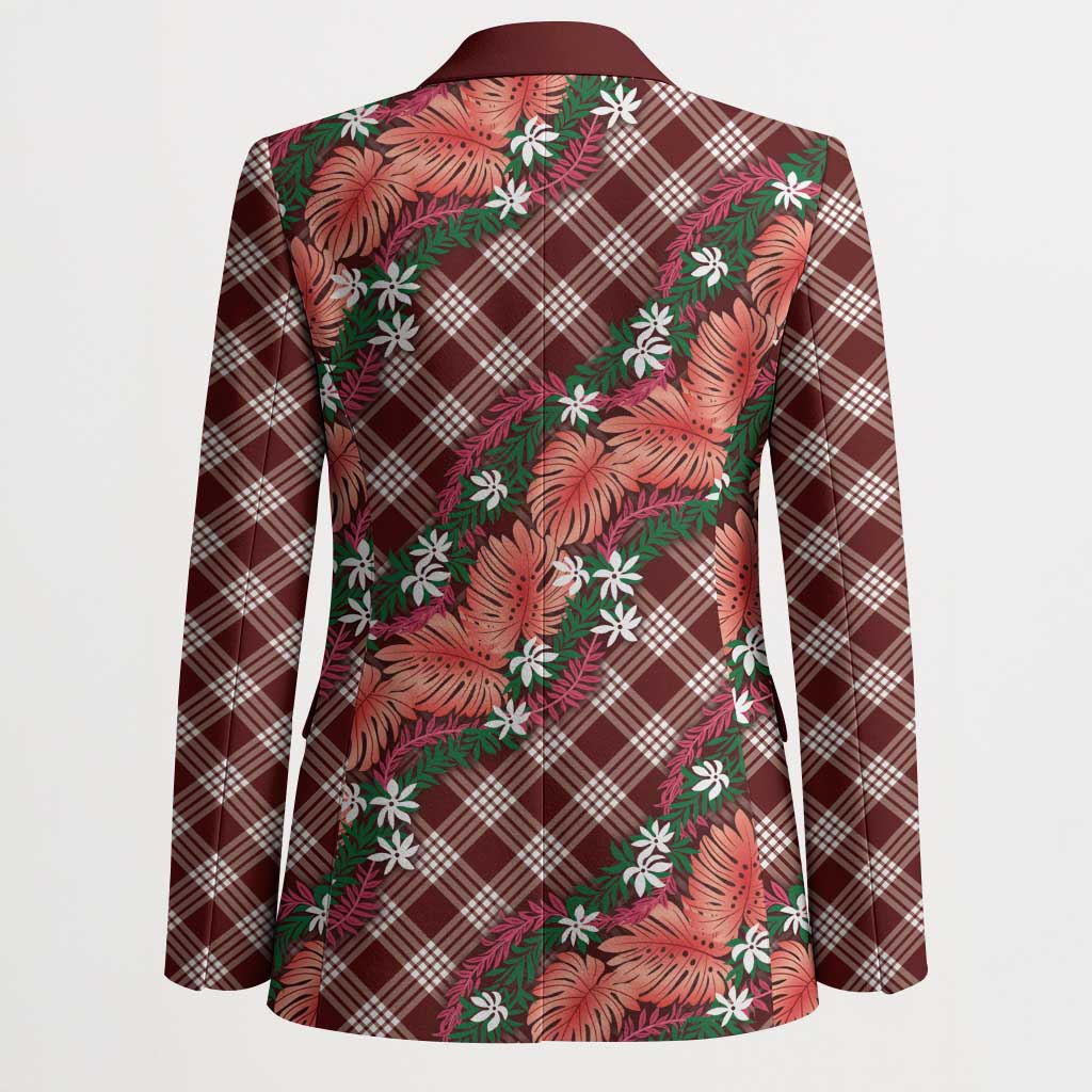 Polynesian Monstera Tiare Floral Blazer Burgundy Tropical Plaid - Polynesian Pride