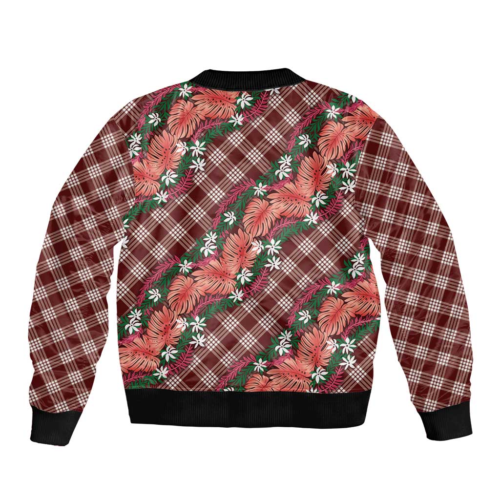 Polynesian Monstera Tiare Floral Bomber Jacket Burgundy Tropical Plaid - Polynesian Pride