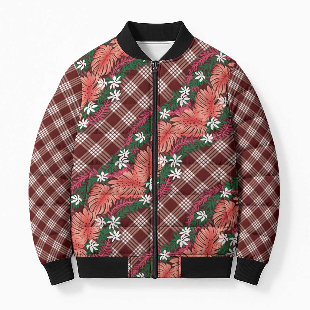 Polynesian Monstera Tiare Floral Bomber Puffer Jacket Burgundy Tropical Plaid - Polynesian Pride