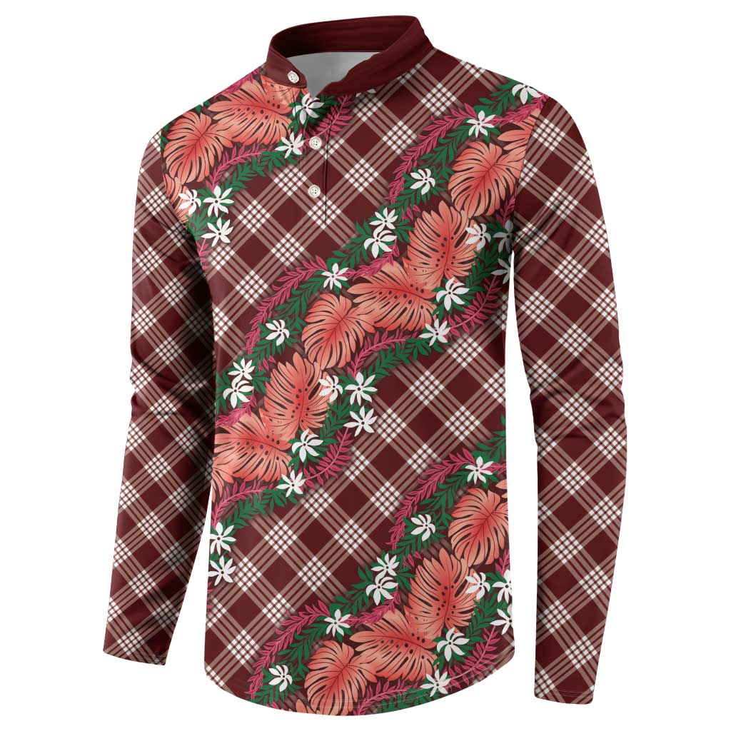 Polynesian Monstera Tiare Floral Button Sweatshirt Burgundy Tropical Plaid - Polynesian Pride