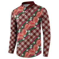 Polynesian Monstera Tiare Floral Button Sweatshirt Burgundy Tropical Plaid - Polynesian Pride
