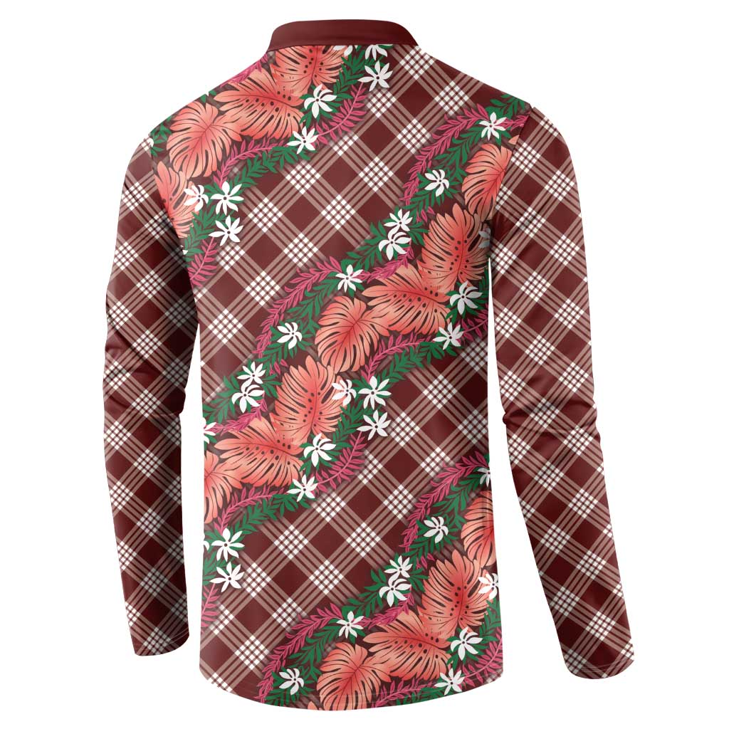 Polynesian Monstera Tiare Floral Button Sweatshirt Burgundy Tropical Plaid - Polynesian Pride