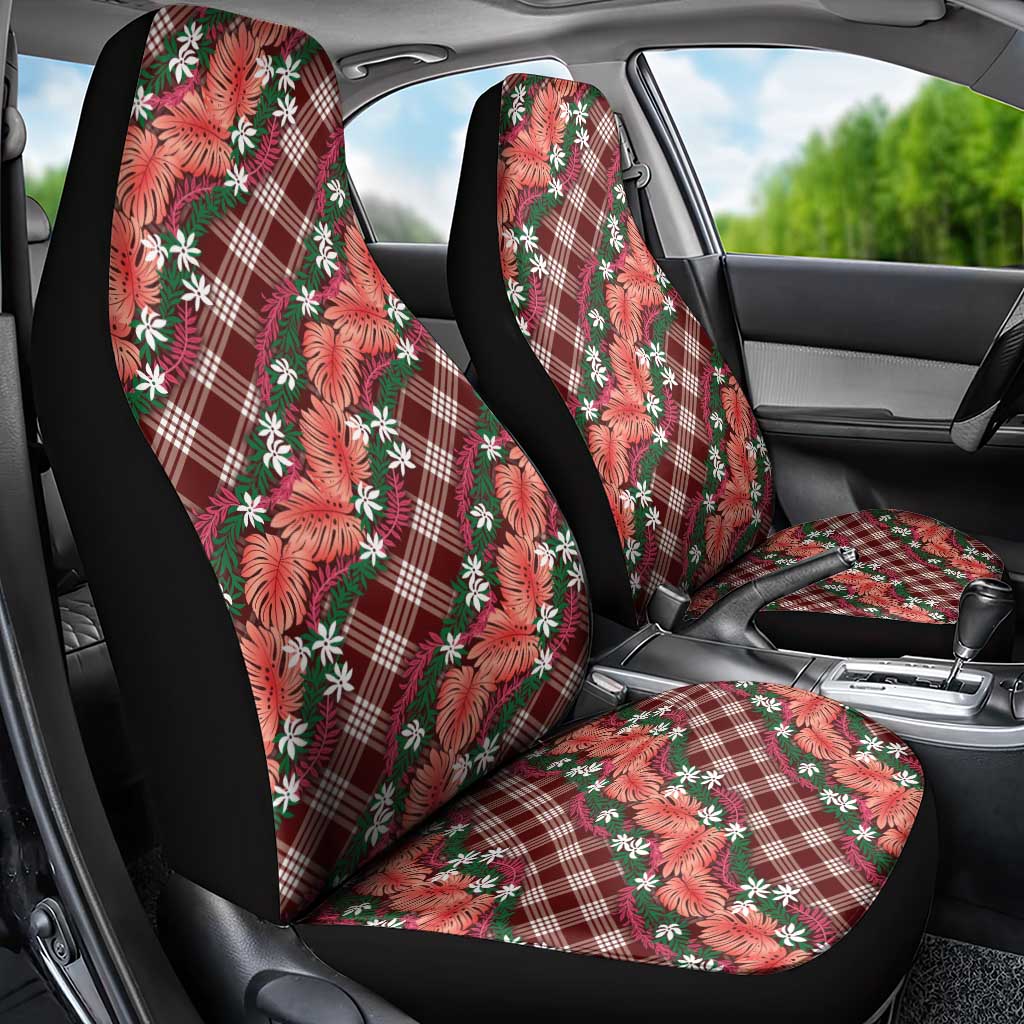 Polynesian Monstera Tiare Floral Car Seat Cover Burgundy Tropical Plaid - Polynesian Pride