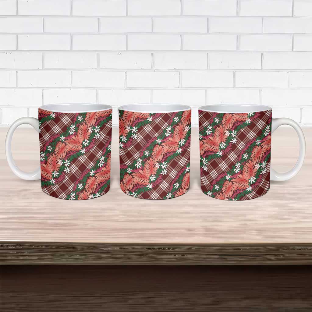 Polynesian Monstera Tiare Floral Ceramic Mug Burgundy Tropical Plaid - Polynesian Pride