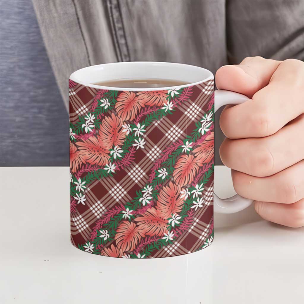 Polynesian Monstera Tiare Floral Ceramic Mug Burgundy Tropical Plaid - Polynesian Pride