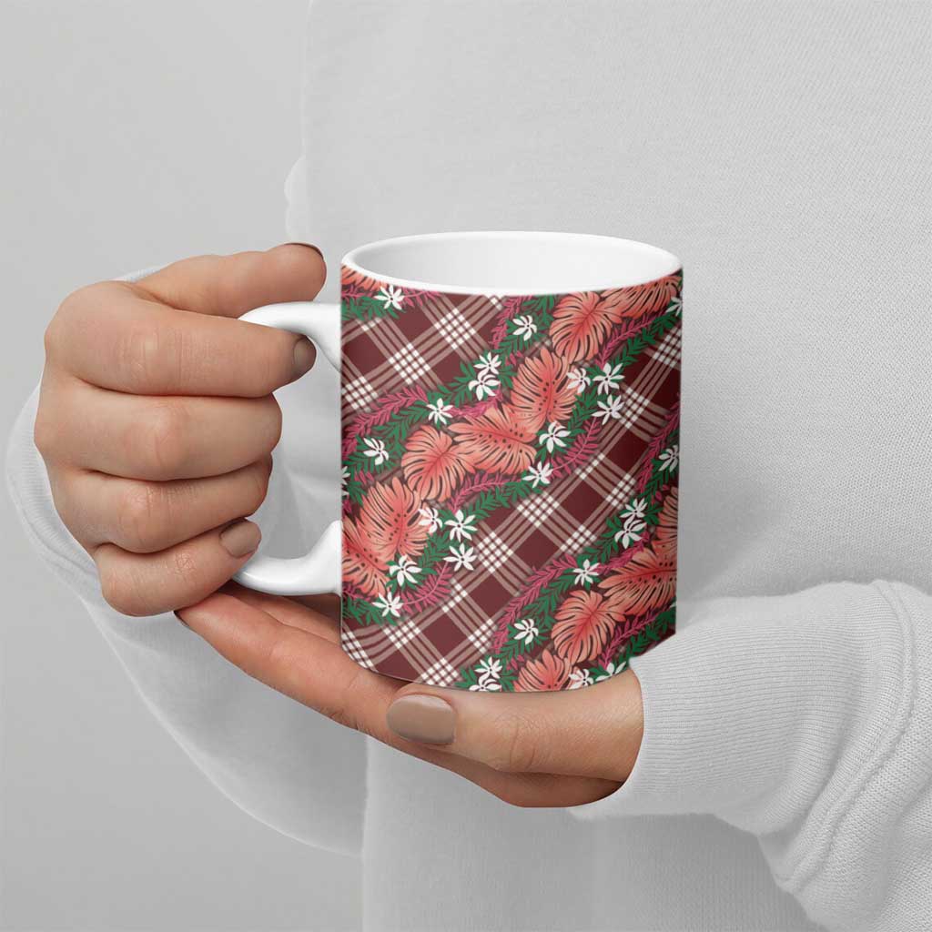 Polynesian Monstera Tiare Floral Ceramic Mug Burgundy Tropical Plaid - Polynesian Pride