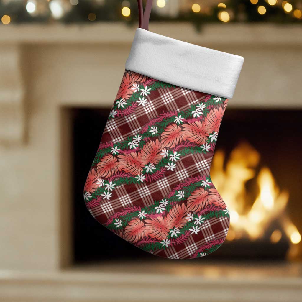 Polynesian Monstera Tiare Floral Christmas Stocking Burgundy Tropical Plaid - Polynesian Pride