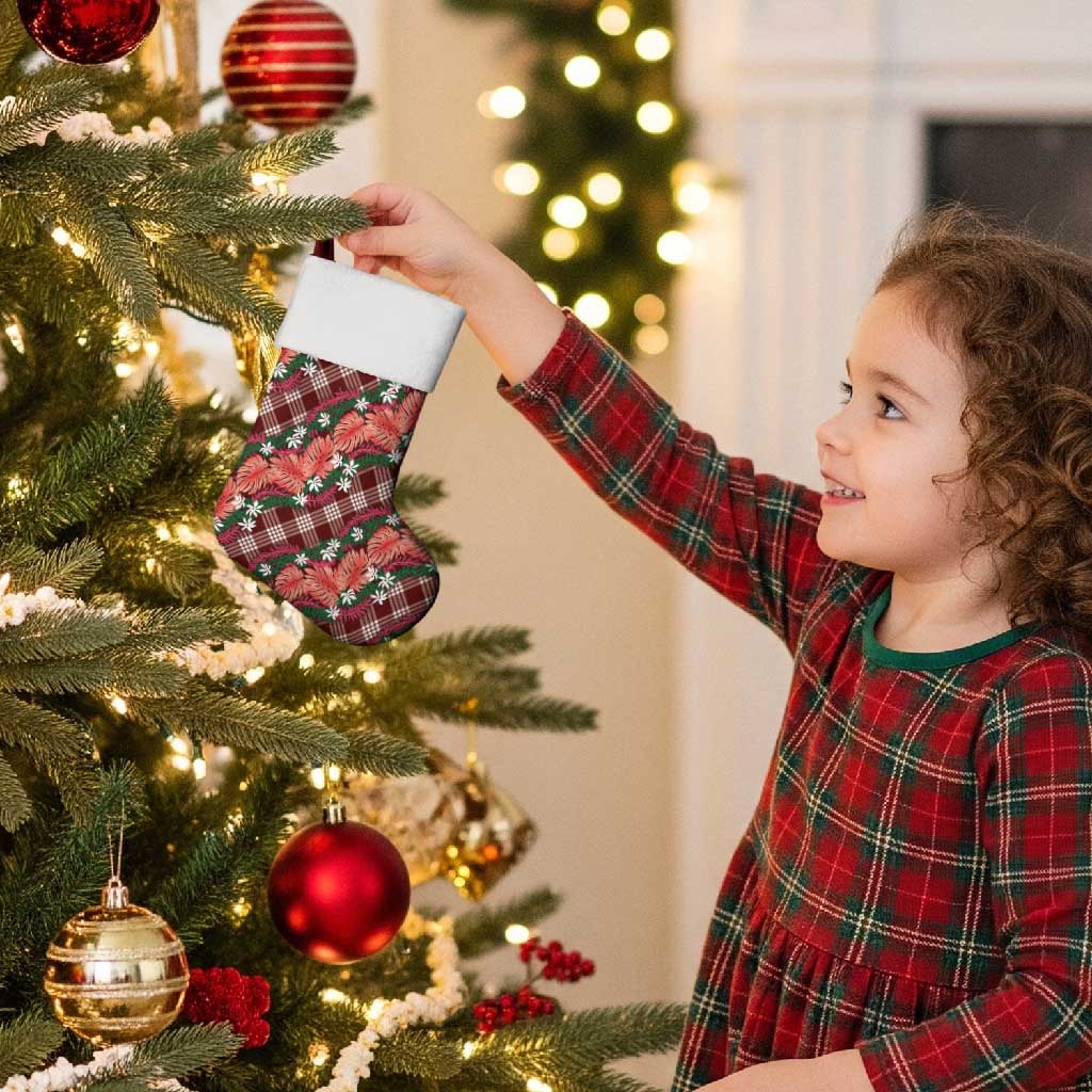 Polynesian Monstera Tiare Floral Christmas Stocking Burgundy Tropical Plaid - Polynesian Pride